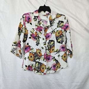 Click by Color Me Cotton Women White Floral 3/4 Sleeve Button Down Linen Shirt S